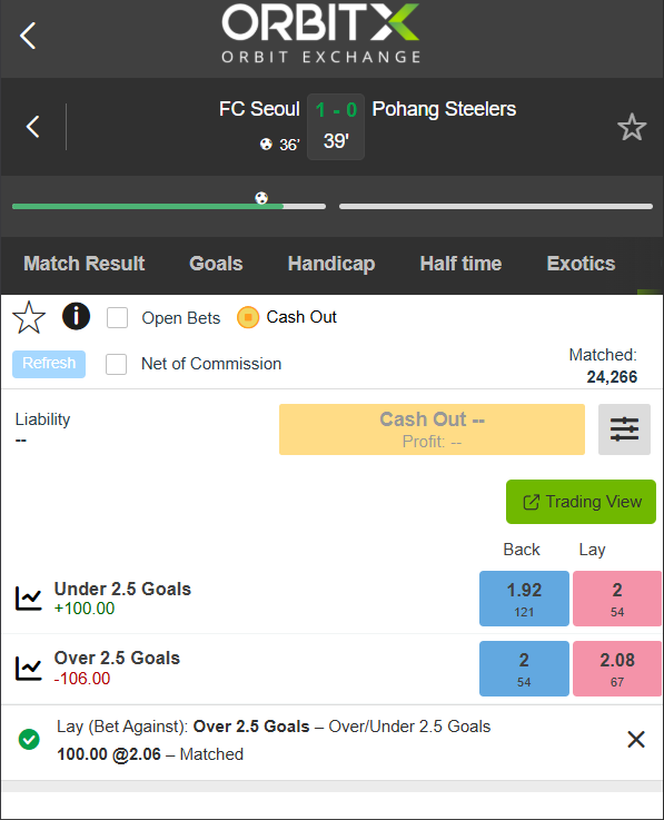 OrbitX mobile betting exchange with matched lay bet and cash-out controls