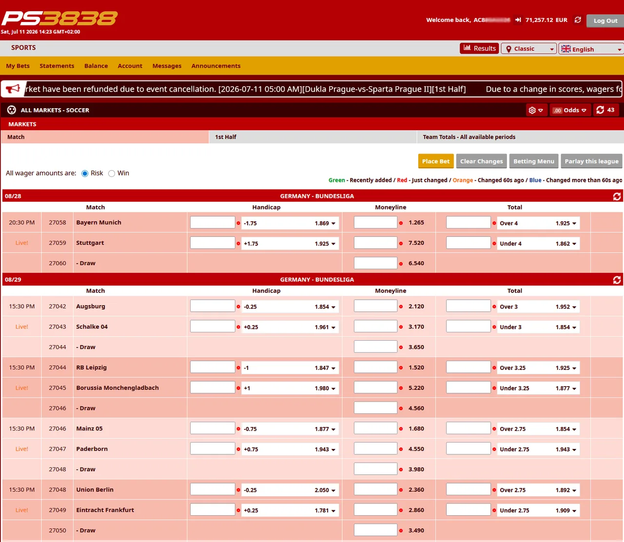 PS3838 sportsbook interface in the classic Pinnacle view with live odds