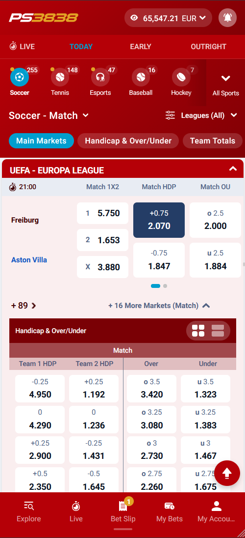 PS3838 mobile sportsbook showing a Europa League match, handicap lines and totals