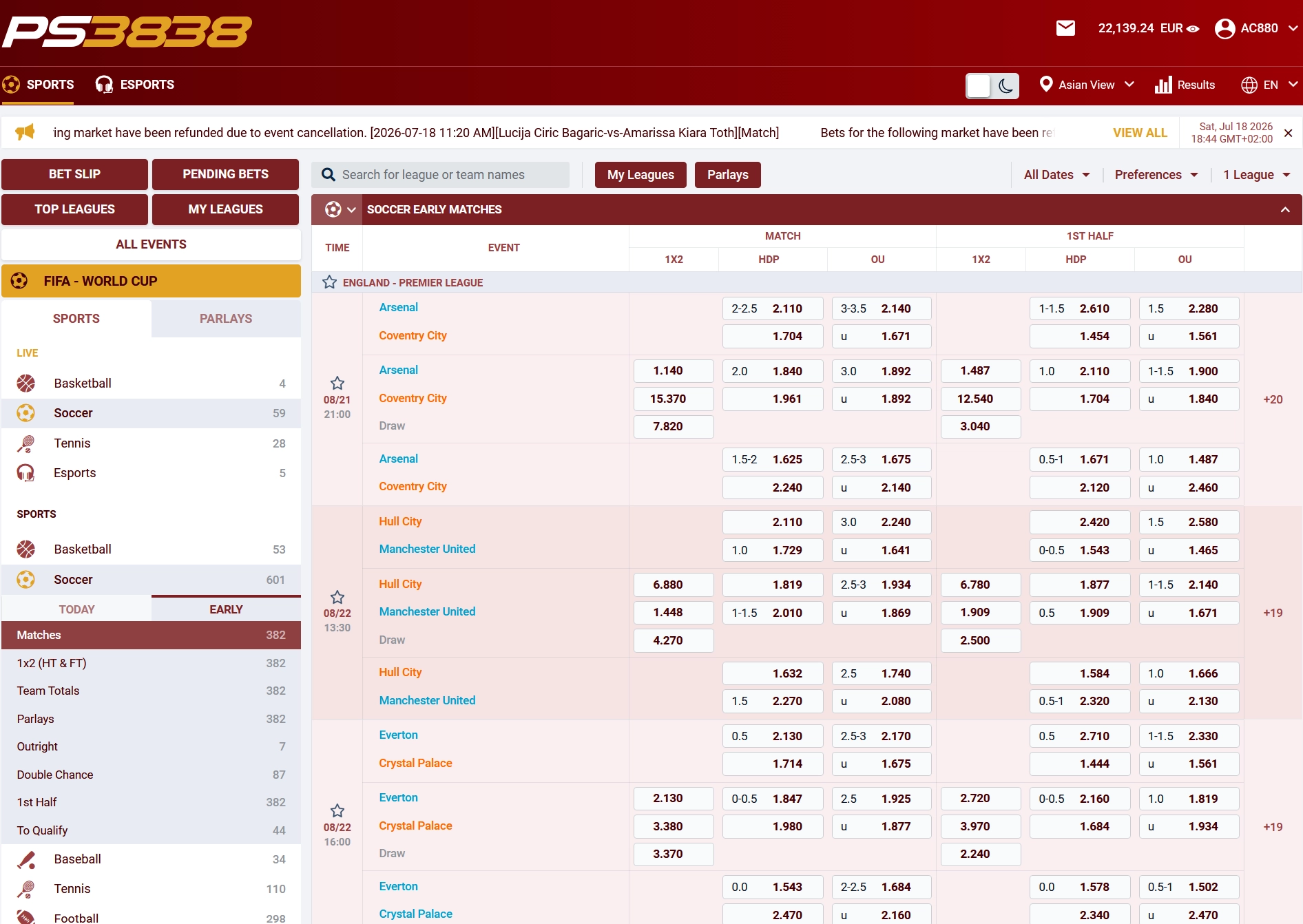 PS3838 desktop sportsbook showing football odds, Asian handicaps and totals